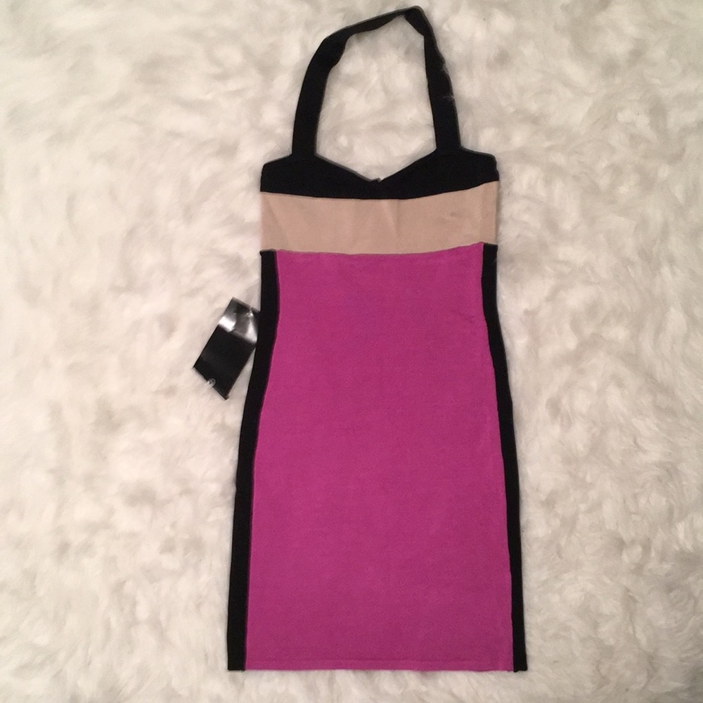 NWT bebe Tri-colored halter bandage dress